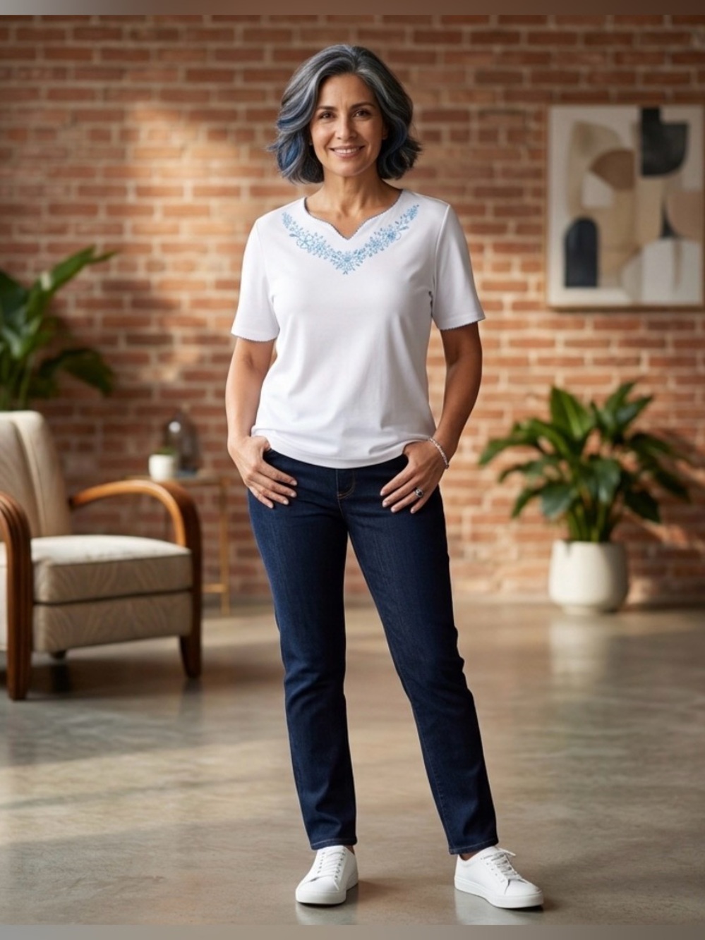 Bon Worth White Tee with Blue Floral Embroidery